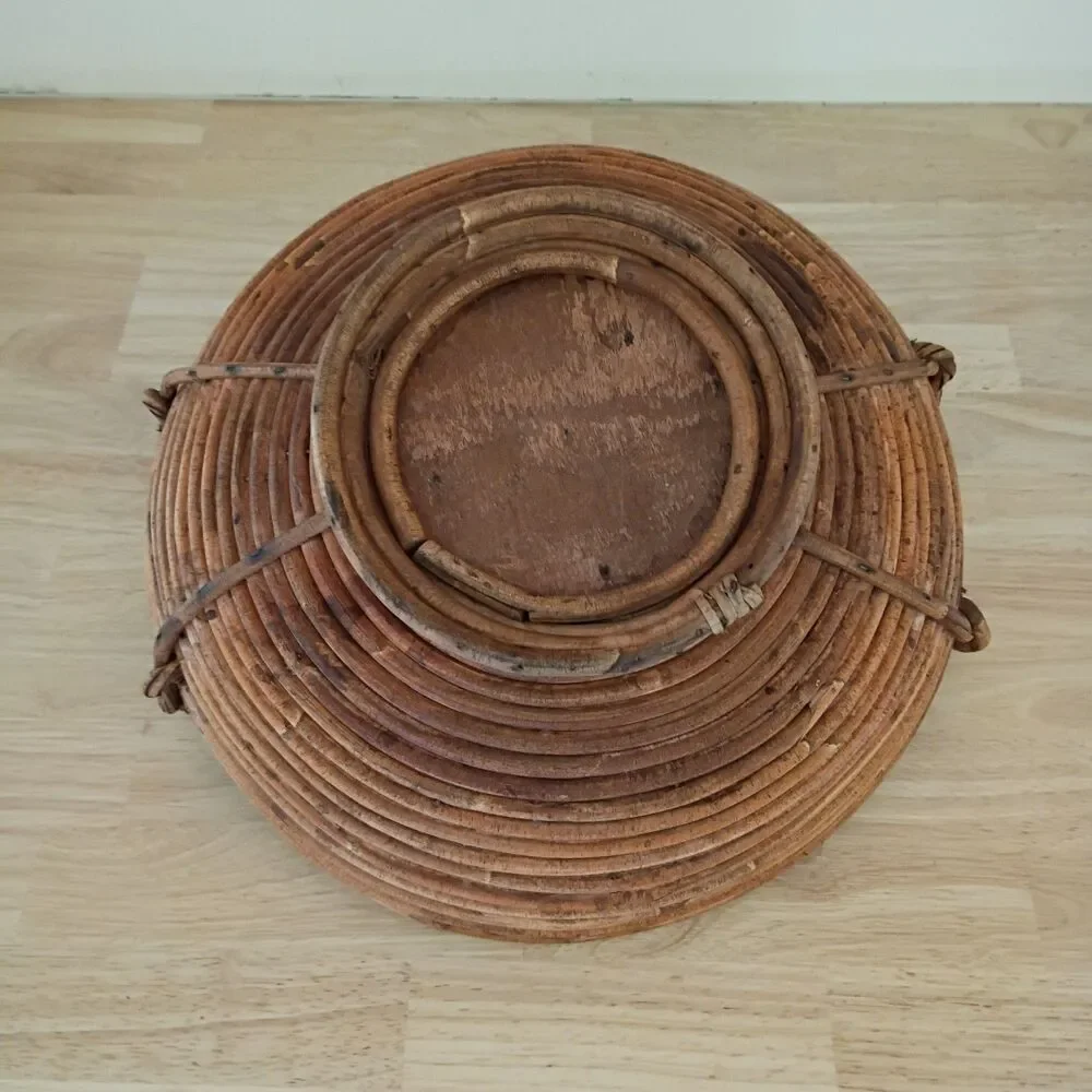 Mid-Century Footed Gabriella Crespi-style Large Pencil Reed Rattan Bowl 14 inch